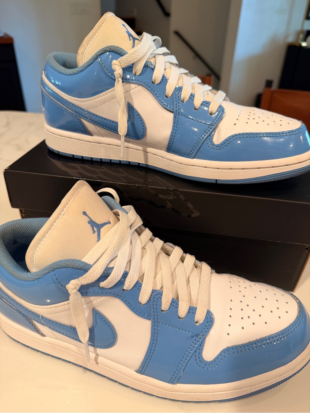 Jordan Low Sneaker - White & Light Blue Patent